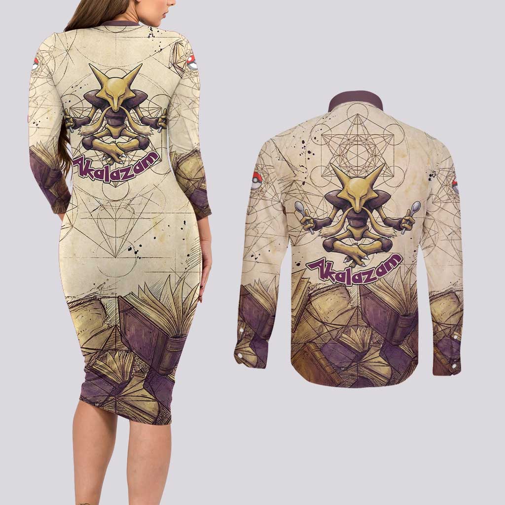 Alakazam Couples Matching Long Sleeve Bodycon Dress and Long Sleeve Button Shirt Mystic Geometric Alchemy Art