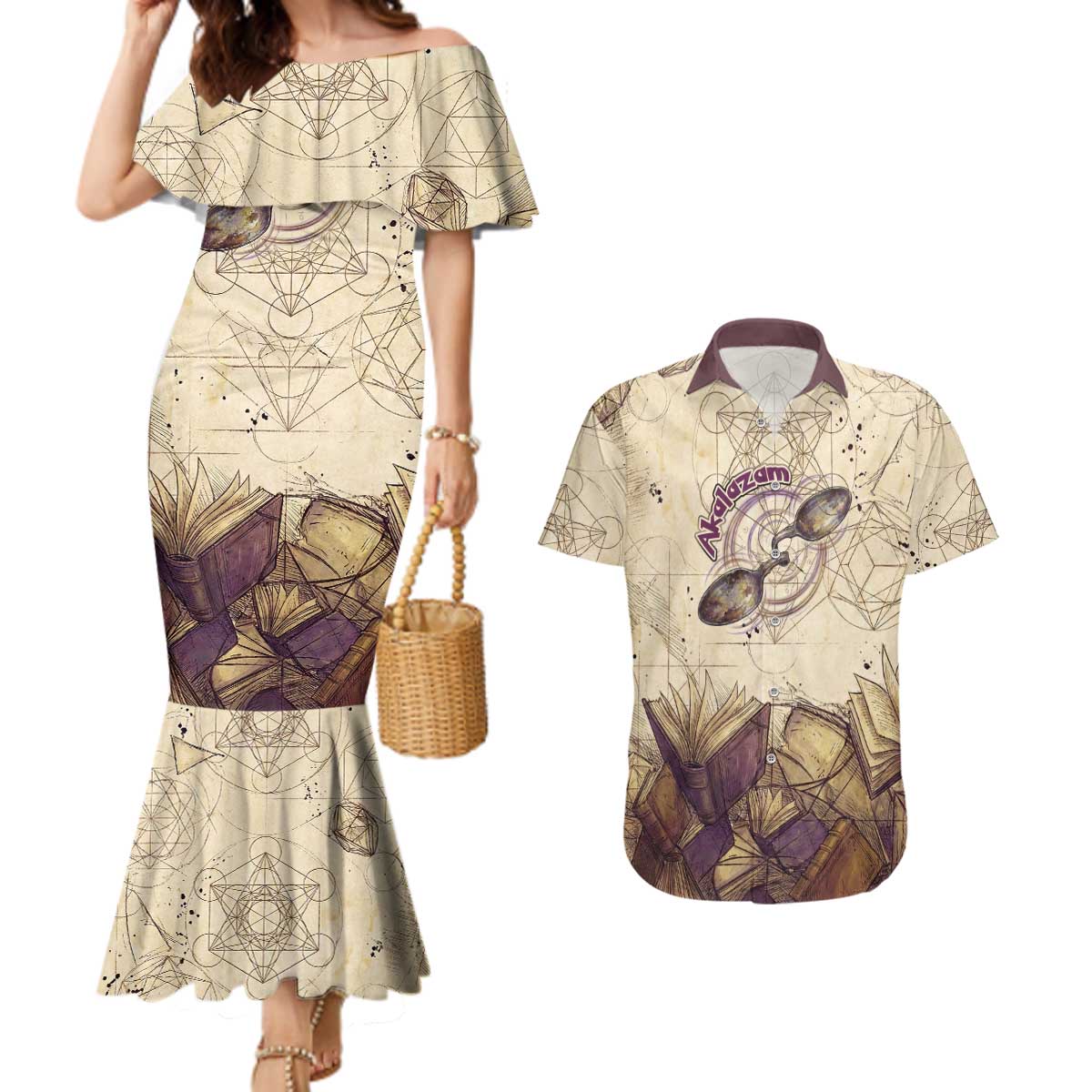 Alakazam Couples Matching Mermaid Dress and Hawaiian Shirt Mystic Geometric Alchemy Art