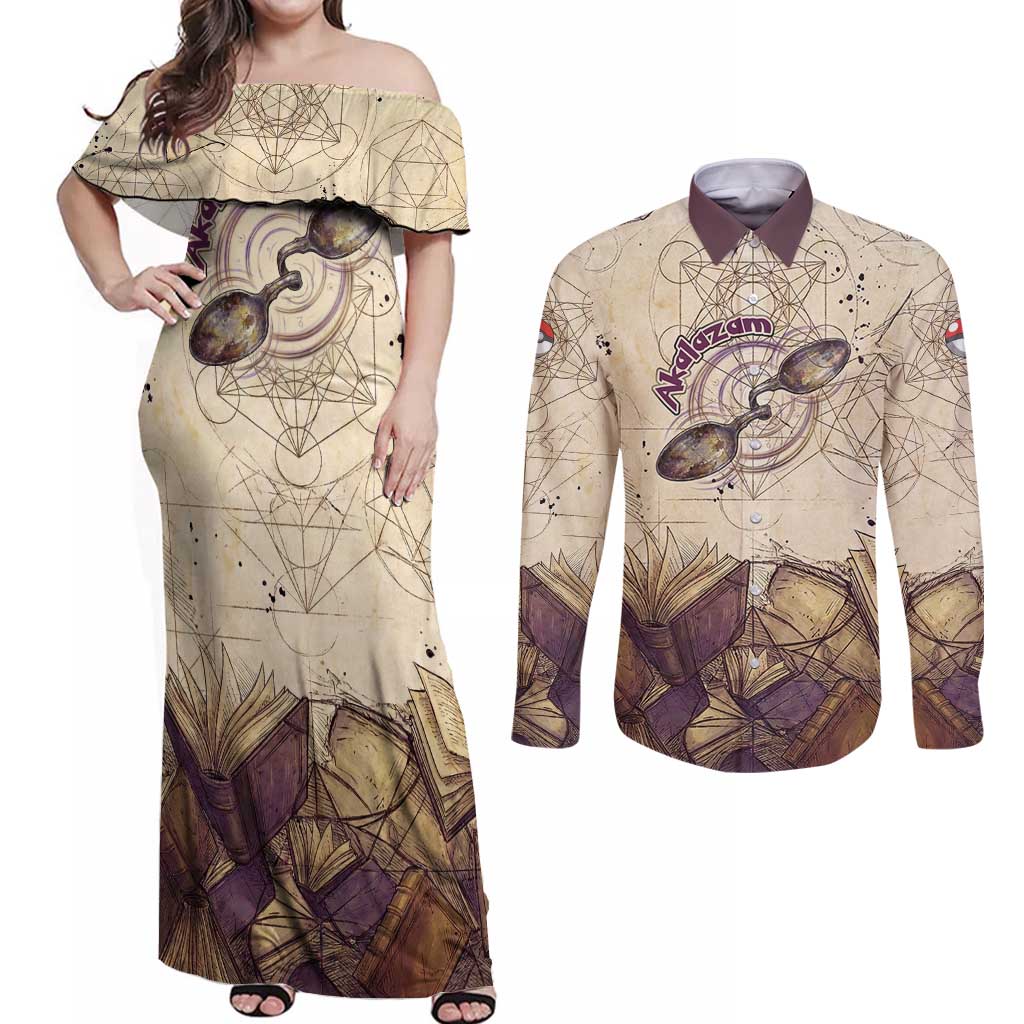 Alakazam Couples Matching Off Shoulder Maxi Dress and Long Sleeve Button Shirt Mystic Geometric Alchemy Art