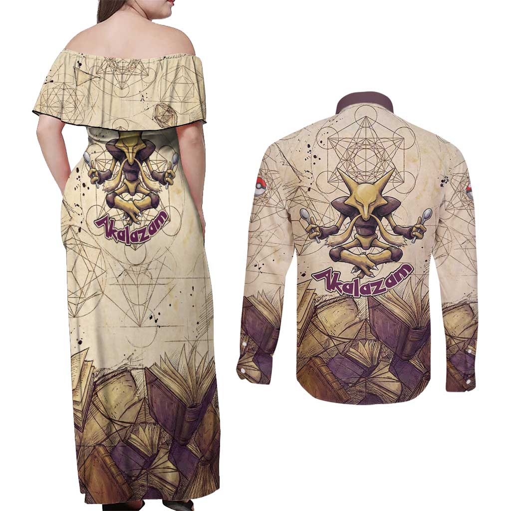 Alakazam Couples Matching Off Shoulder Maxi Dress and Long Sleeve Button Shirt Mystic Geometric Alchemy Art
