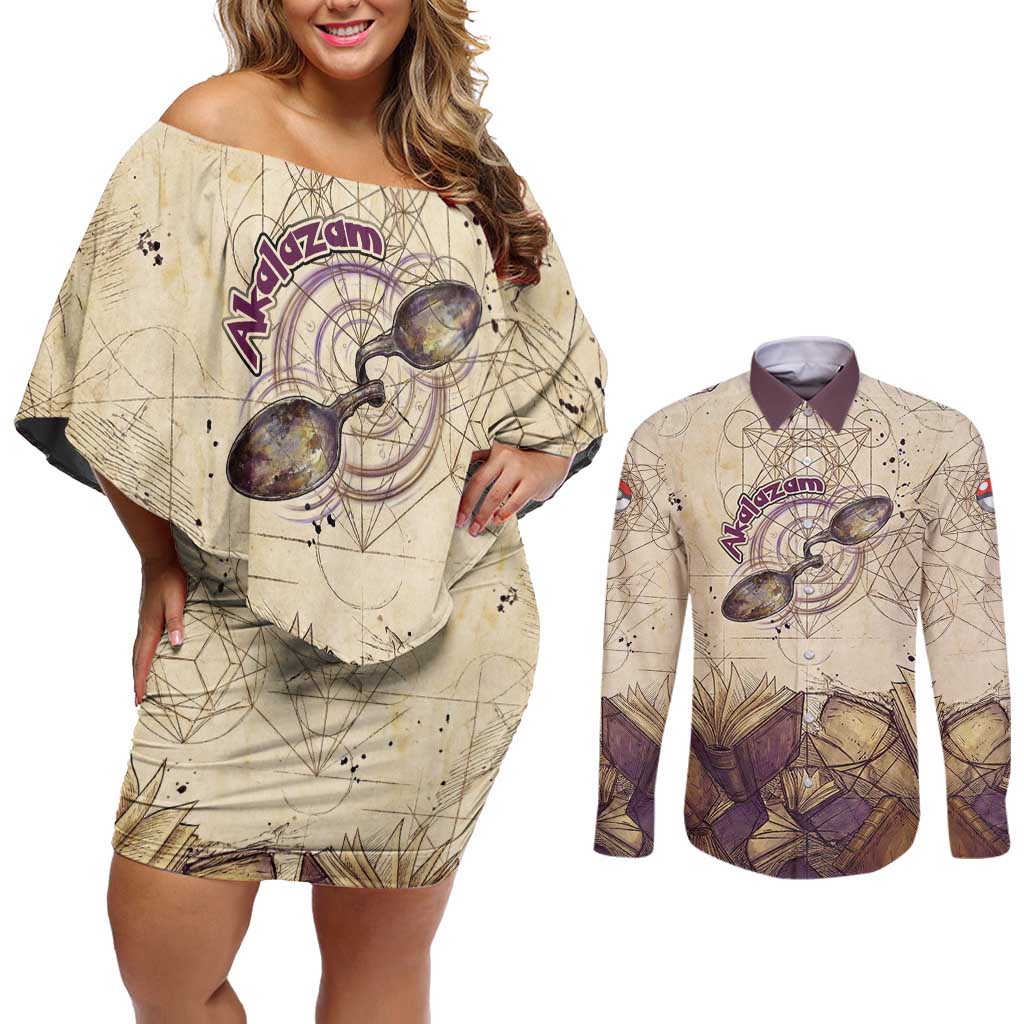 Alakazam Couples Matching Off Shoulder Short Dress and Long Sleeve Button Shirt Mystic Geometric Alchemy Art