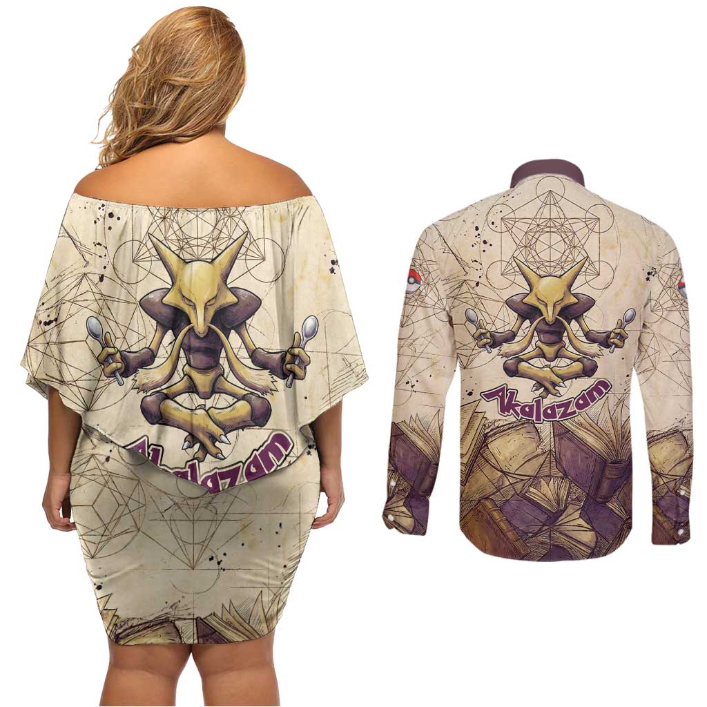 Alakazam Couples Matching Off Shoulder Short Dress and Long Sleeve Button Shirt Mystic Geometric Alchemy Art