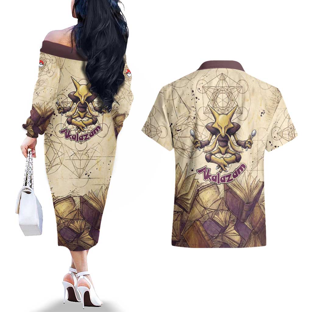 Alakazam Couples Matching Off The Shoulder Long Sleeve Dress and Hawaiian Shirt Mystic Geometric Alchemy Art