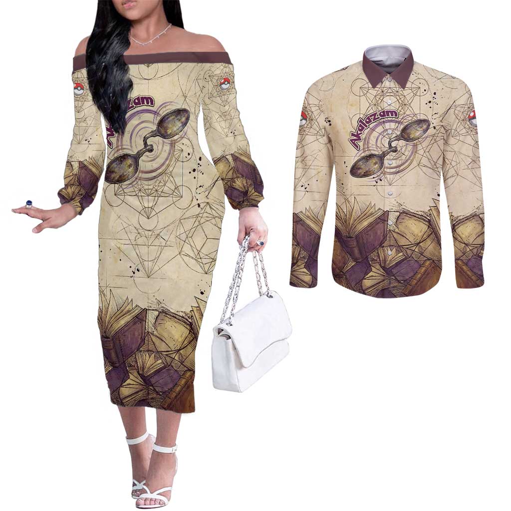 Alakazam Couples Matching Off The Shoulder Long Sleeve Dress and Long Sleeve Button Shirt Mystic Geometric Alchemy Art