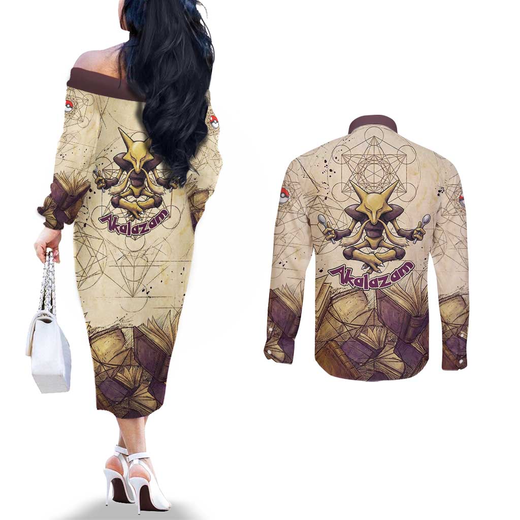 Alakazam Couples Matching Off The Shoulder Long Sleeve Dress and Long Sleeve Button Shirt Mystic Geometric Alchemy Art