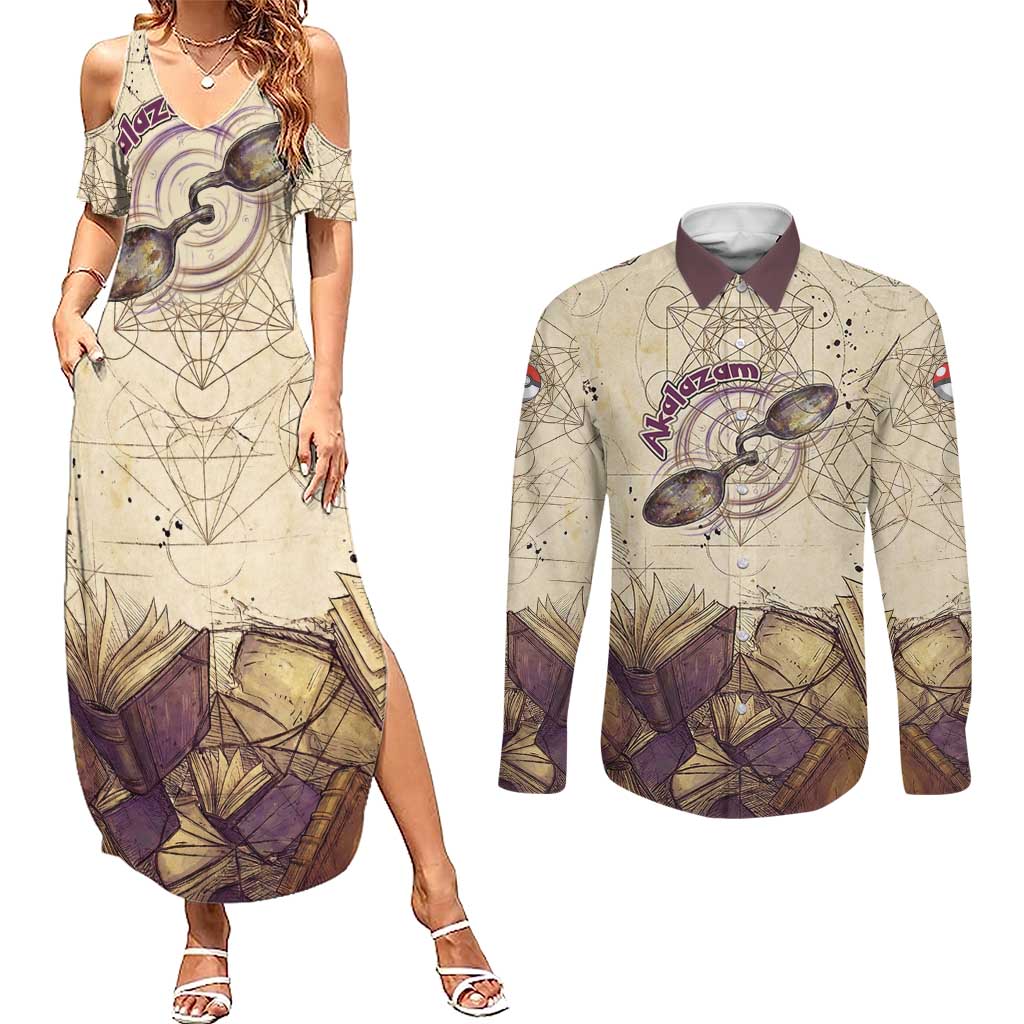 Alakazam Couples Matching Summer Maxi Dress and Long Sleeve Button Shirt Mystic Geometric Alchemy Art