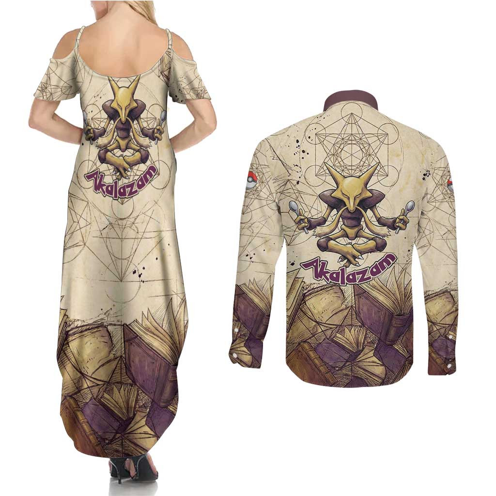 Alakazam Couples Matching Summer Maxi Dress and Long Sleeve Button Shirt Mystic Geometric Alchemy Art