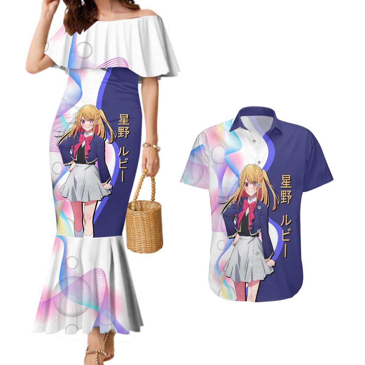 Ruby Hoshino Idol Couples Matching Mermaid Dress and Hawaiian Shirt Vibrant Idol Anime Style