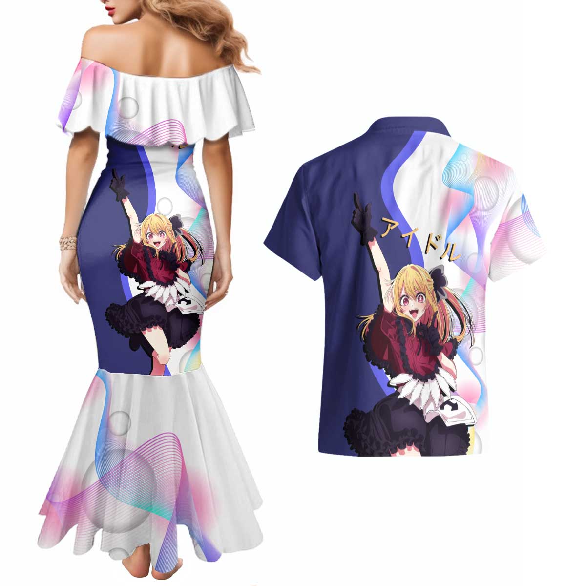 Ruby Hoshino Idol Couples Matching Mermaid Dress and Hawaiian Shirt Vibrant Idol Anime Style
