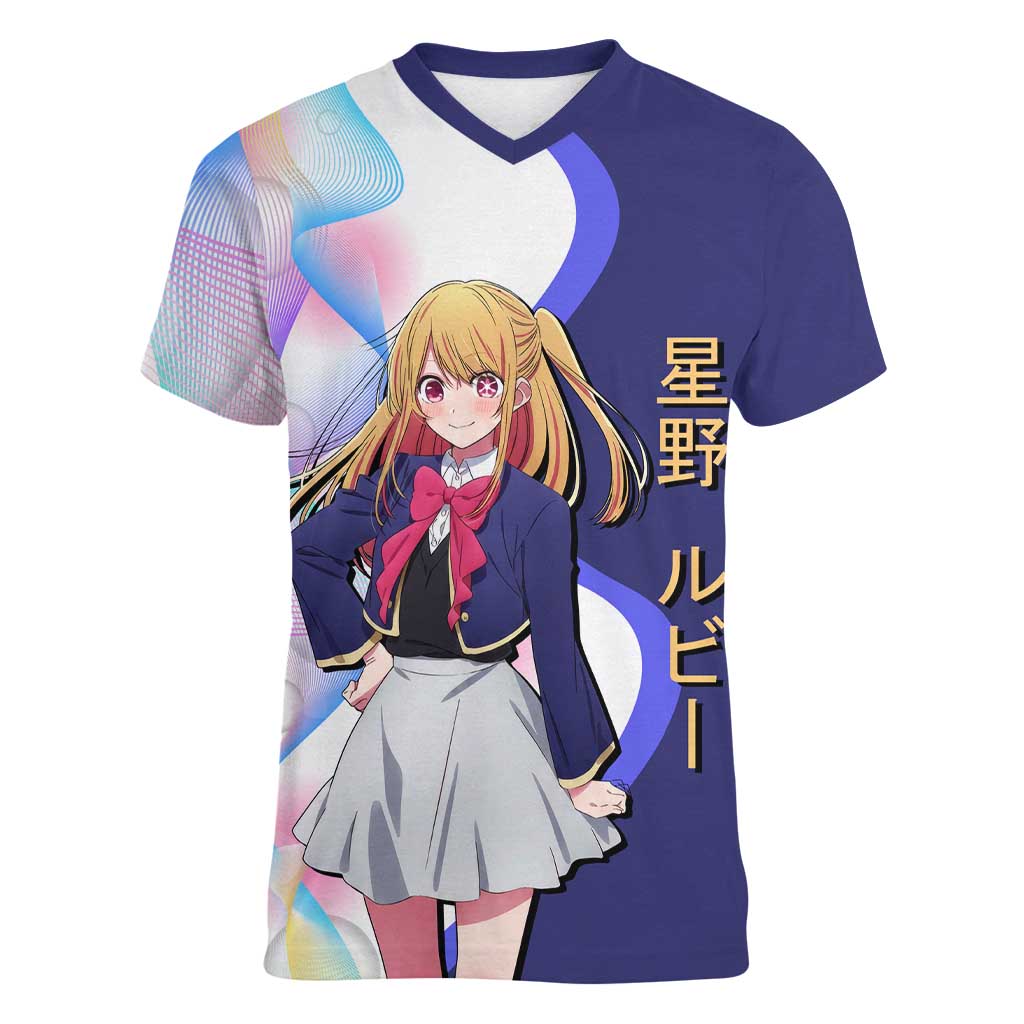 Ruby Hoshino Idol Women V-Neck T-Shirt Vibrant Idol Anime Style