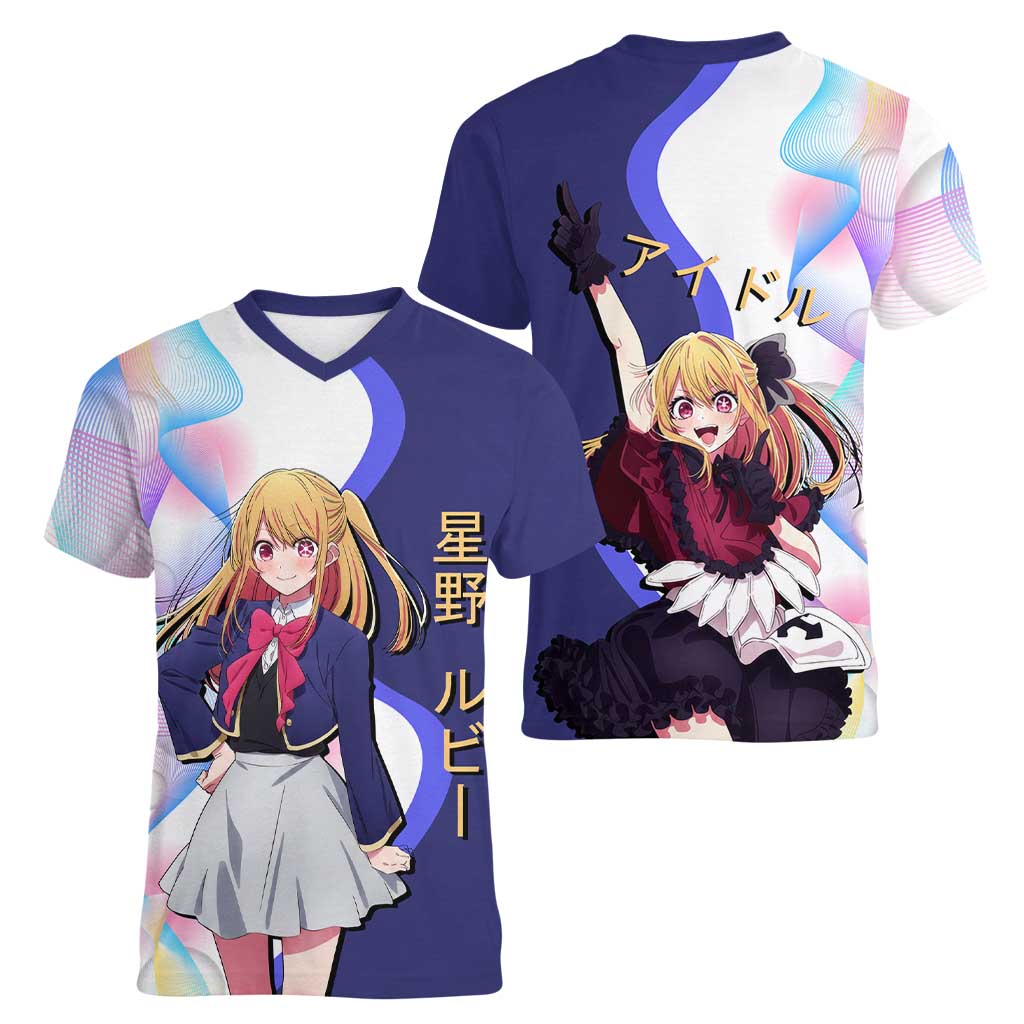 Ruby Hoshino Idol Women V-Neck T-Shirt Vibrant Idol Anime Style