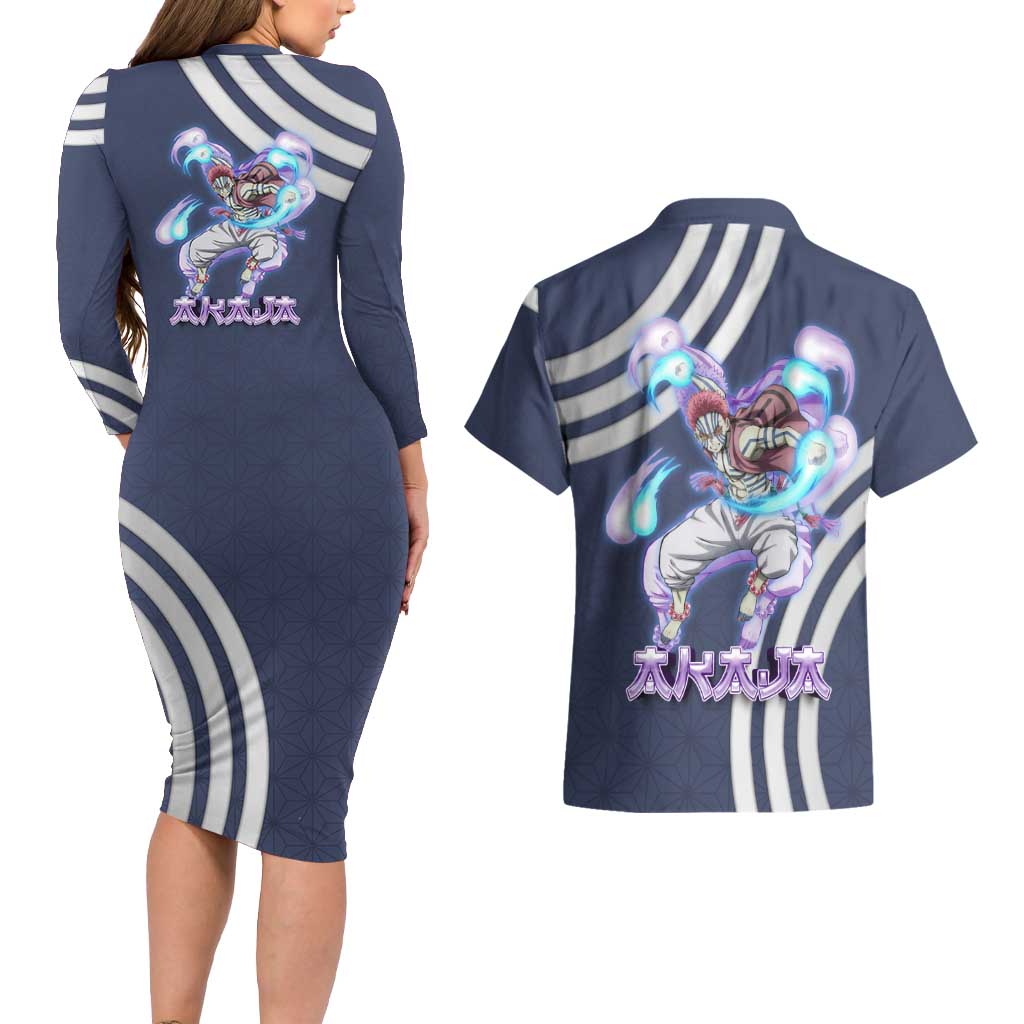Akaza Demon Slayer Couples Matching Long Sleeve Bodycon Dress and Hawaiian Shirt Mystic Aura Anime Ring Style