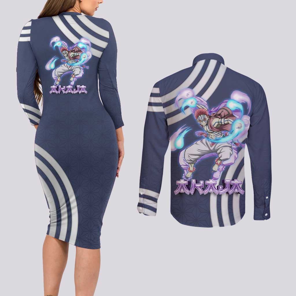 Akaza Demon Slayer Couples Matching Long Sleeve Bodycon Dress and Long Sleeve Button Shirt Mystic Aura Anime Ring Style