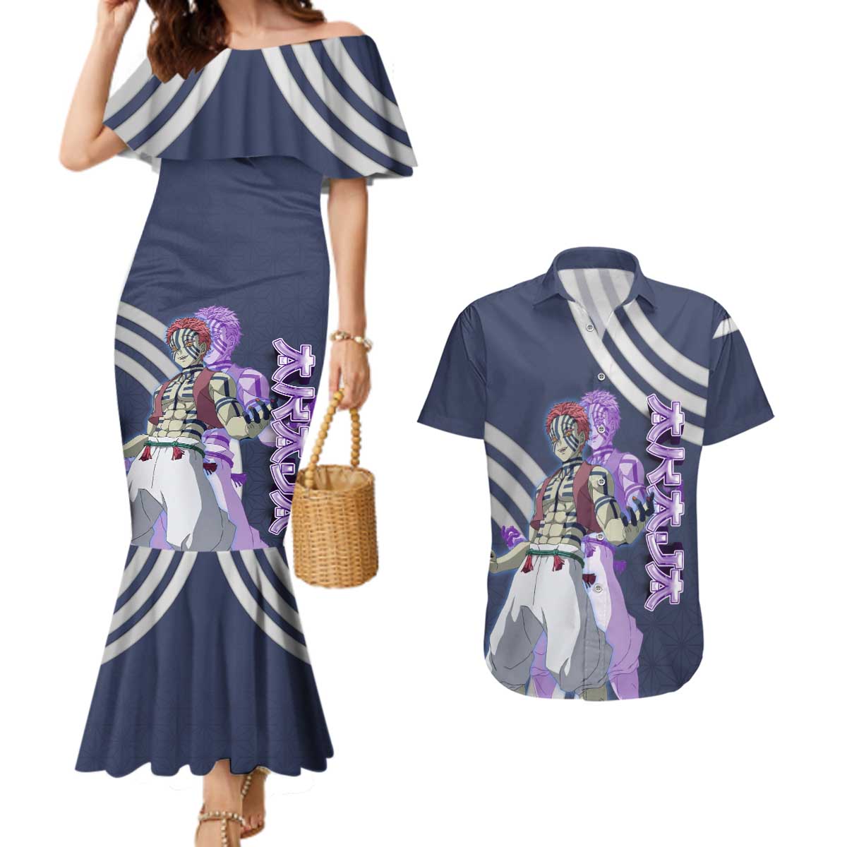 Akaza Demon Slayer Couples Matching Mermaid Dress and Hawaiian Shirt Mystic Aura Anime Ring Style