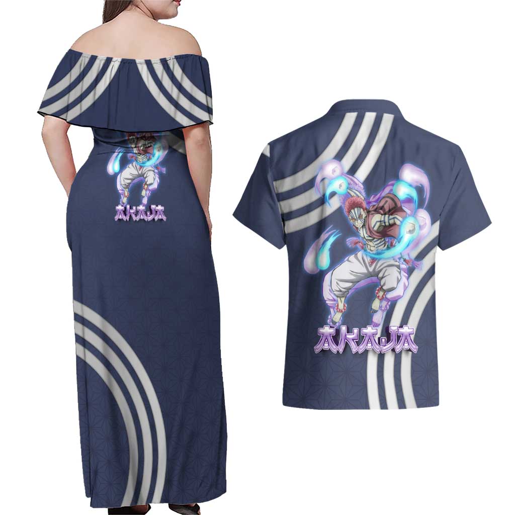 Akaza Demon Slayer Couples Matching Off Shoulder Maxi Dress and Hawaiian Shirt Mystic Aura Anime Ring Style