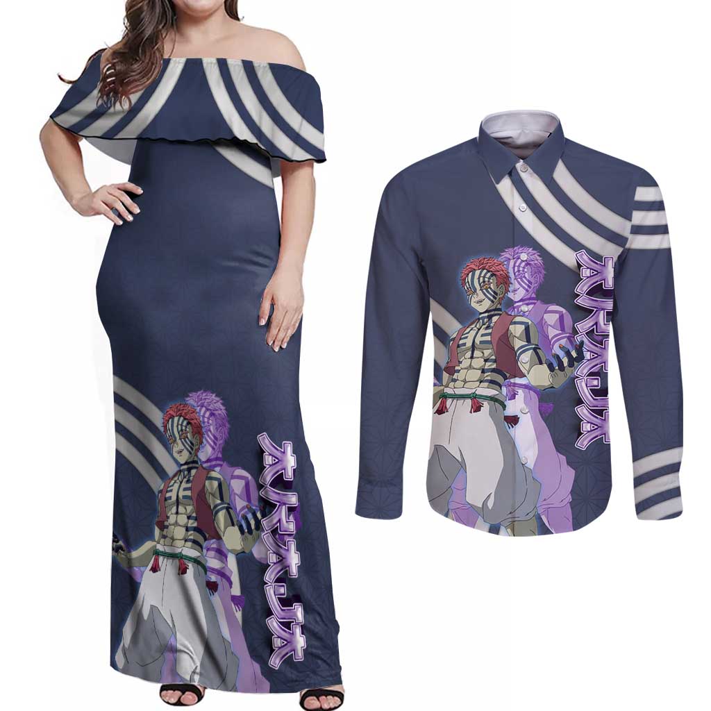 Akaza Demon Slayer Couples Matching Off Shoulder Maxi Dress and Long Sleeve Button Shirt Mystic Aura Anime Ring Style
