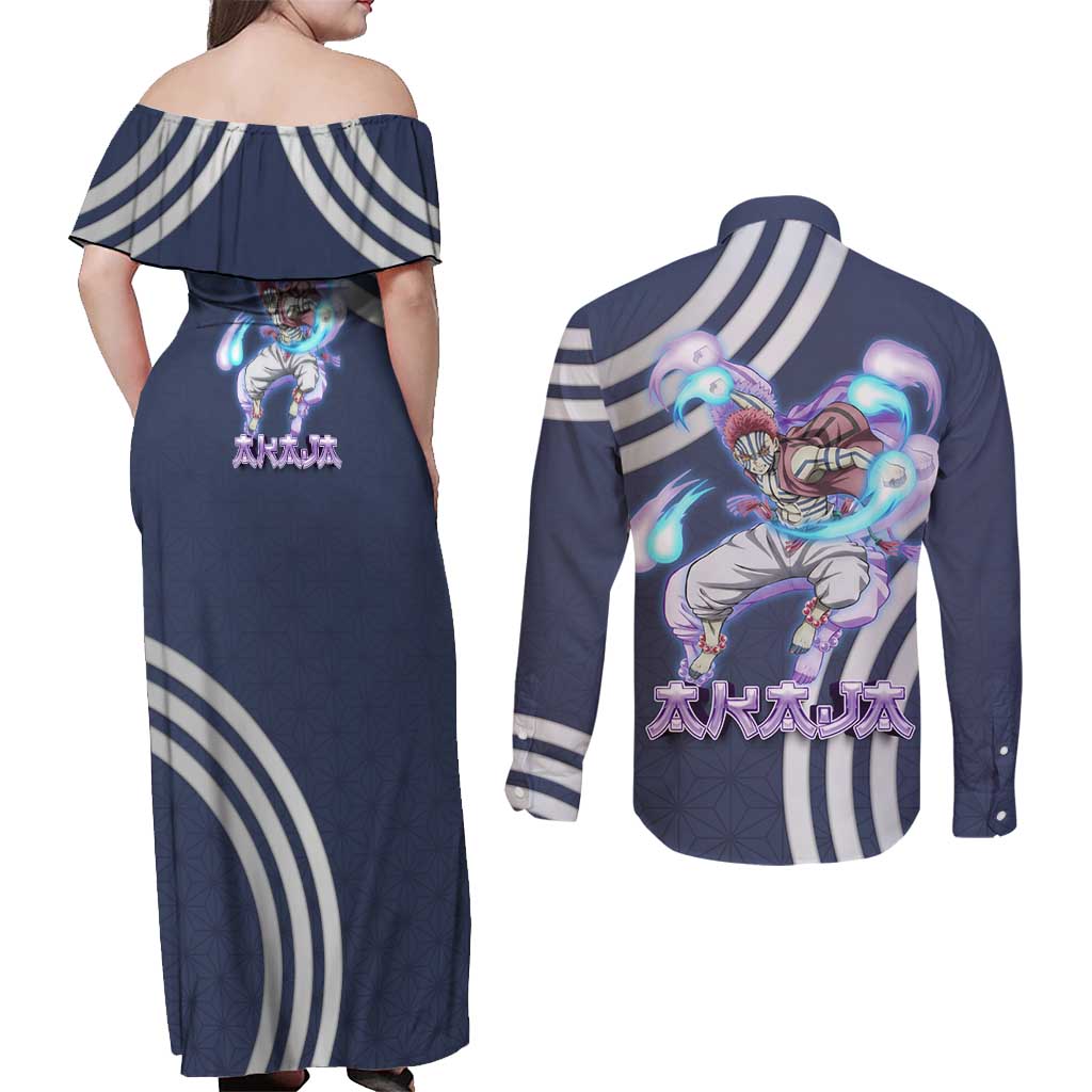 Akaza Demon Slayer Couples Matching Off Shoulder Maxi Dress and Long Sleeve Button Shirt Mystic Aura Anime Ring Style