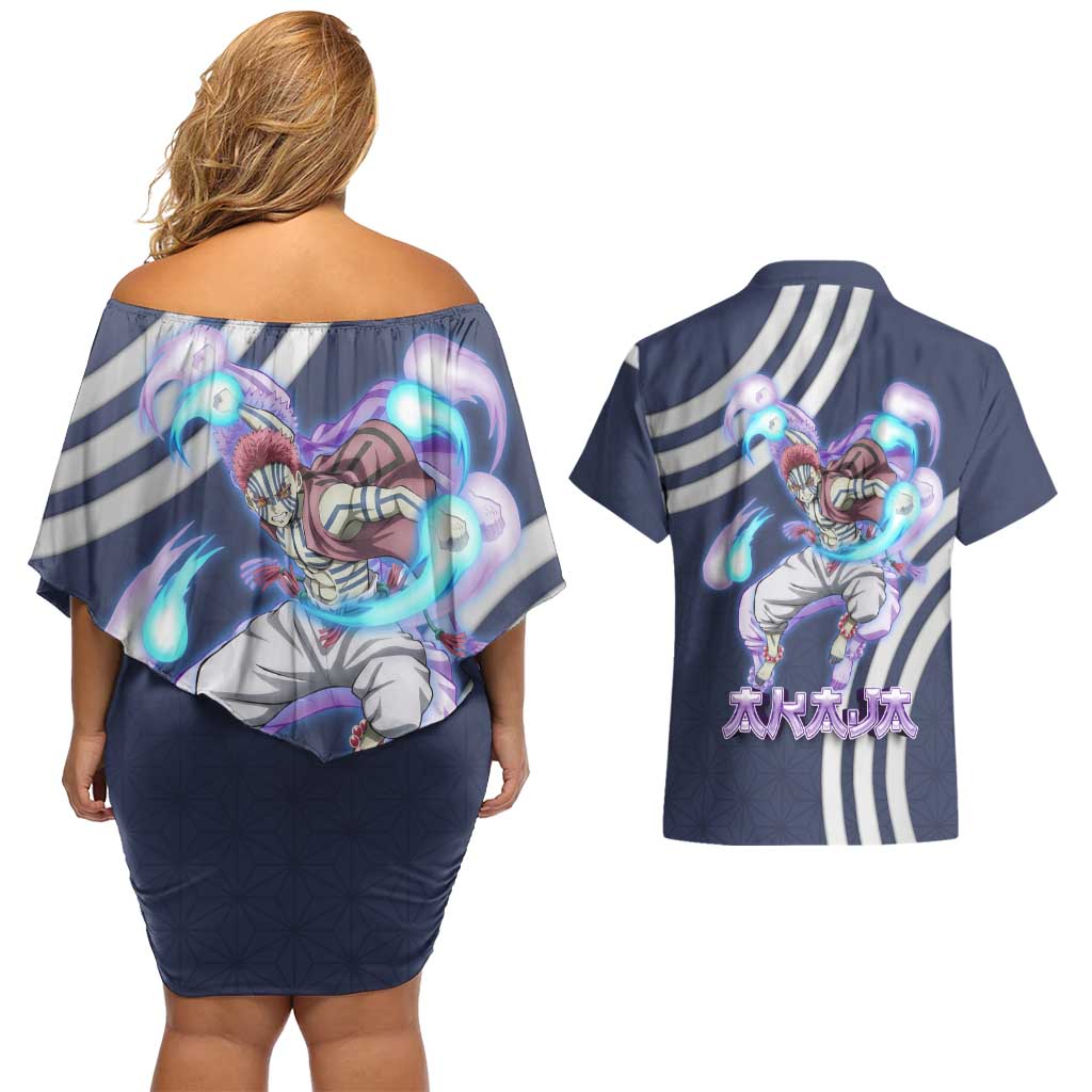 Akaza Demon Slayer Couples Matching Off Shoulder Short Dress and Hawaiian Shirt Mystic Aura Anime Ring Style