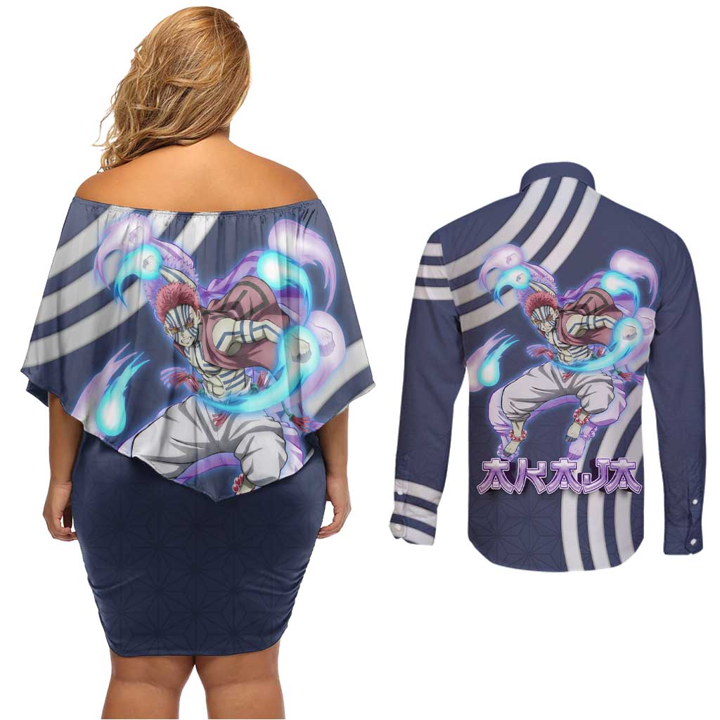 Akaza Demon Slayer Couples Matching Off Shoulder Short Dress and Long Sleeve Button Shirt Mystic Aura Anime Ring Style
