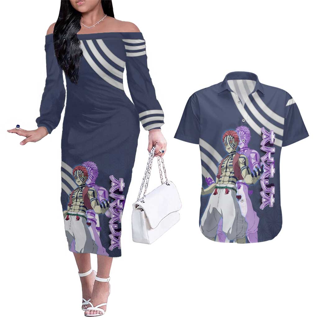Akaza Demon Slayer Couples Matching Off The Shoulder Long Sleeve Dress and Hawaiian Shirt Mystic Aura Anime Ring Style