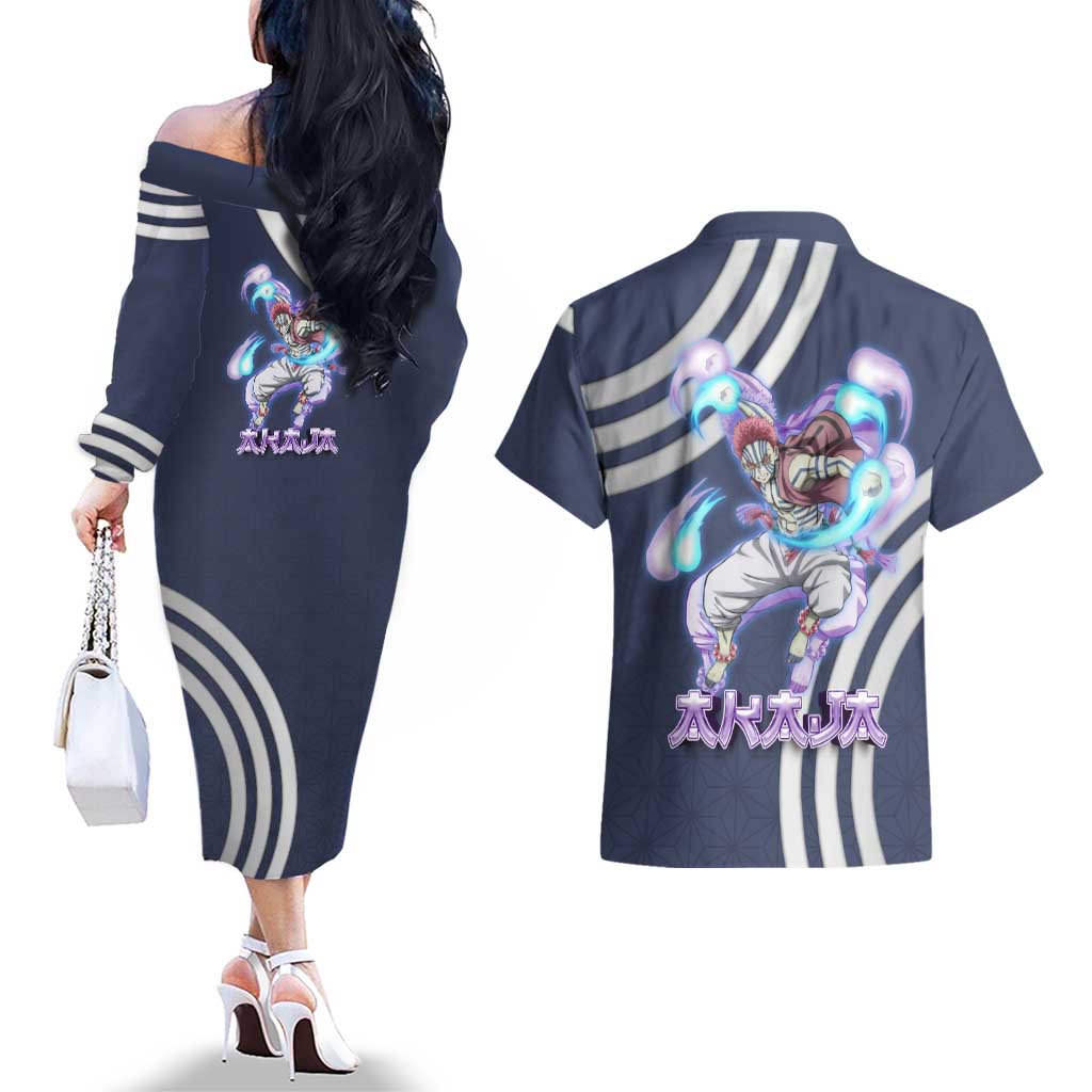 Akaza Demon Slayer Couples Matching Off The Shoulder Long Sleeve Dress and Hawaiian Shirt Mystic Aura Anime Ring Style