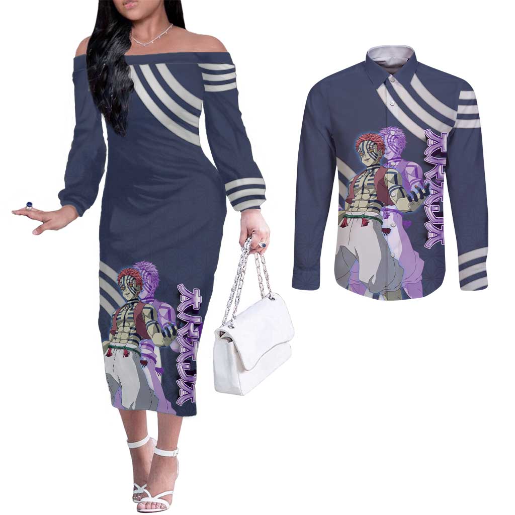 Akaza Demon Slayer Couples Matching Off The Shoulder Long Sleeve Dress and Long Sleeve Button Shirt Mystic Aura Anime Ring Style