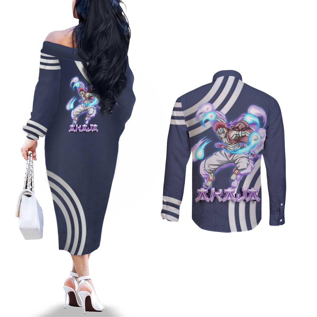 Akaza Demon Slayer Couples Matching Off The Shoulder Long Sleeve Dress and Long Sleeve Button Shirt Mystic Aura Anime Ring Style
