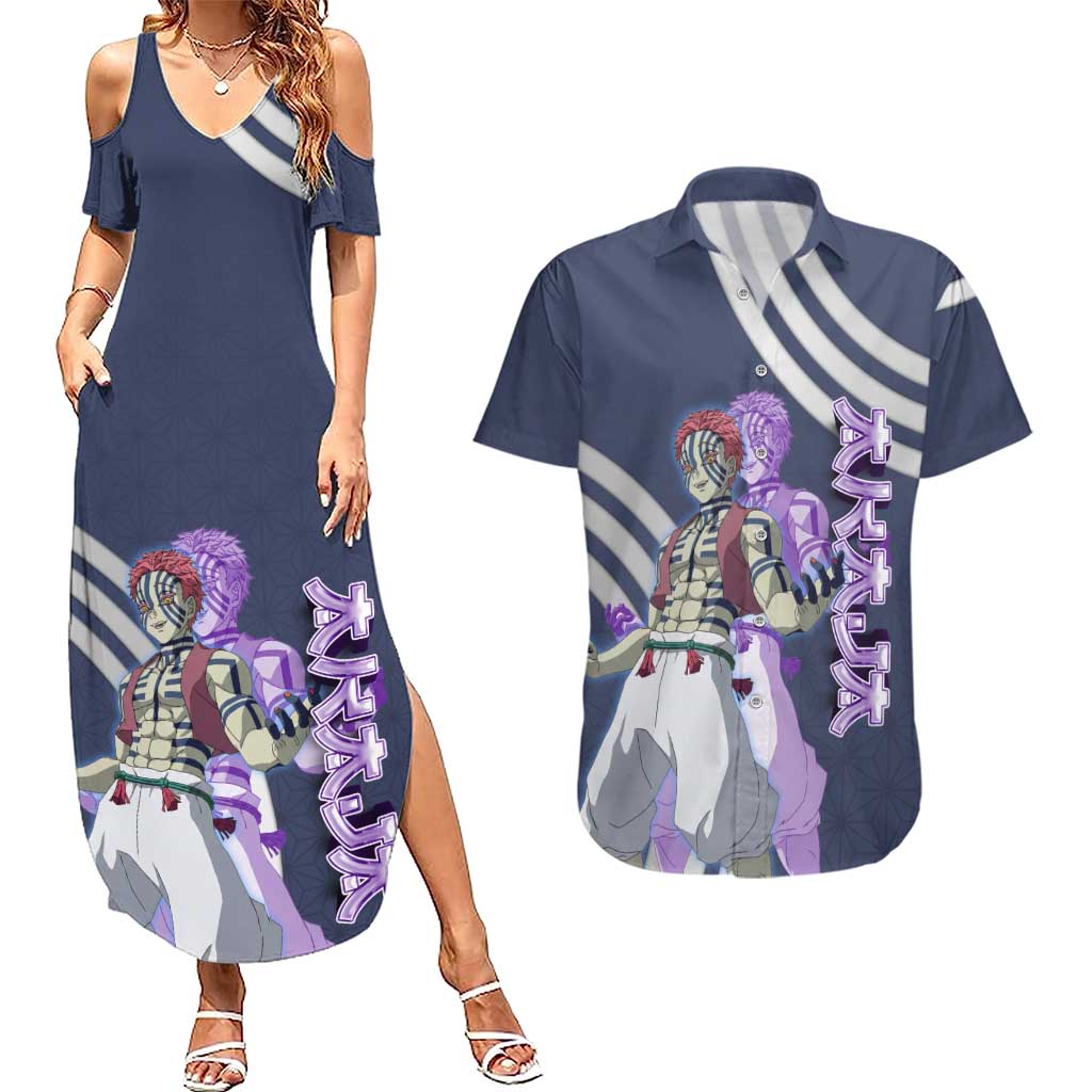 Akaza Demon Slayer Couples Matching Summer Maxi Dress and Hawaiian Shirt Mystic Aura Anime Ring Style