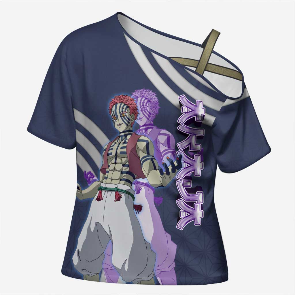 Akaza Demon Slayer Cross Shoulder Shirt Mystic Aura Anime Ring Style