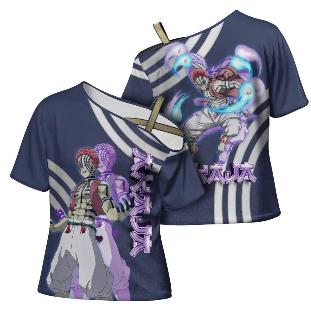 Akaza Demon Slayer Cross Shoulder Shirt Mystic Aura Anime Ring Style