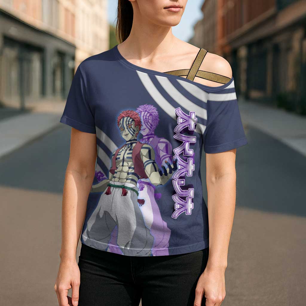 Akaza Demon Slayer Cross Shoulder Shirt Mystic Aura Anime Ring Style