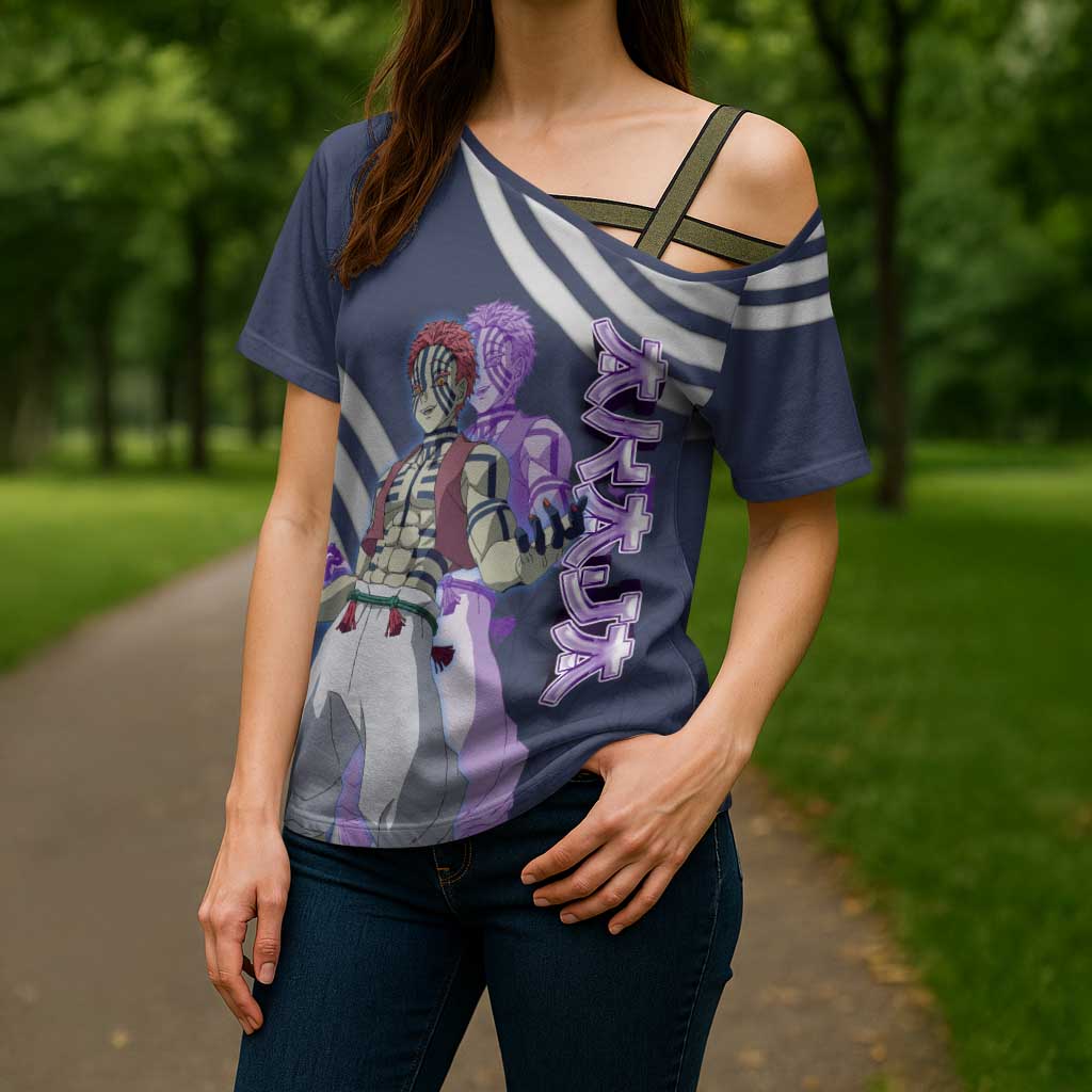 Akaza Demon Slayer Cross Shoulder Shirt Mystic Aura Anime Ring Style
