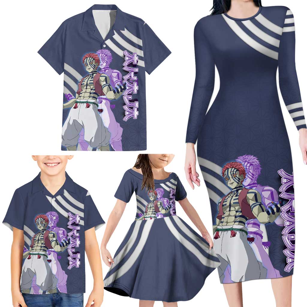 Akaza Demon Slayer Family Matching Long Sleeve Bodycon Dress and Hawaiian Shirt Mystic Aura Anime Ring Style
