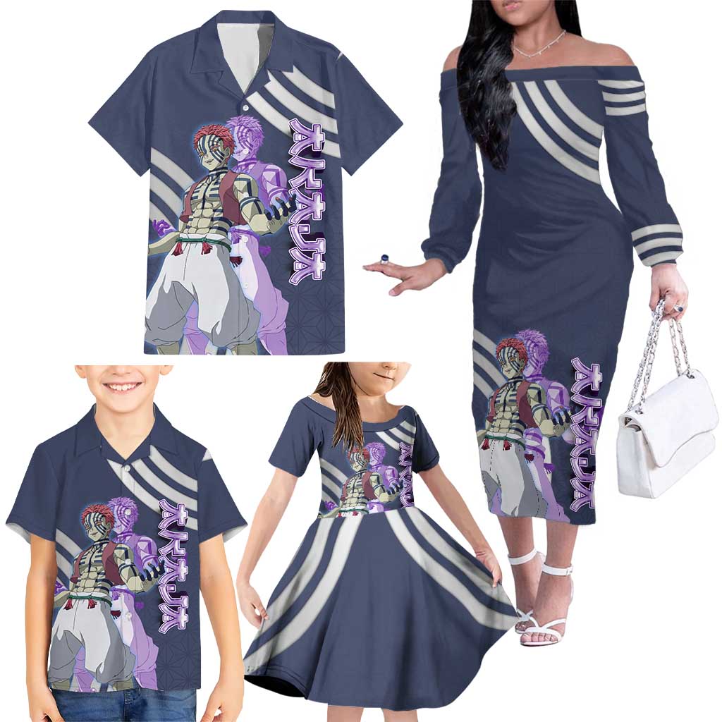 Akaza Demon Slayer Family Matching Off The Shoulder Long Sleeve Dress and Hawaiian Shirt Mystic Aura Anime Ring Style