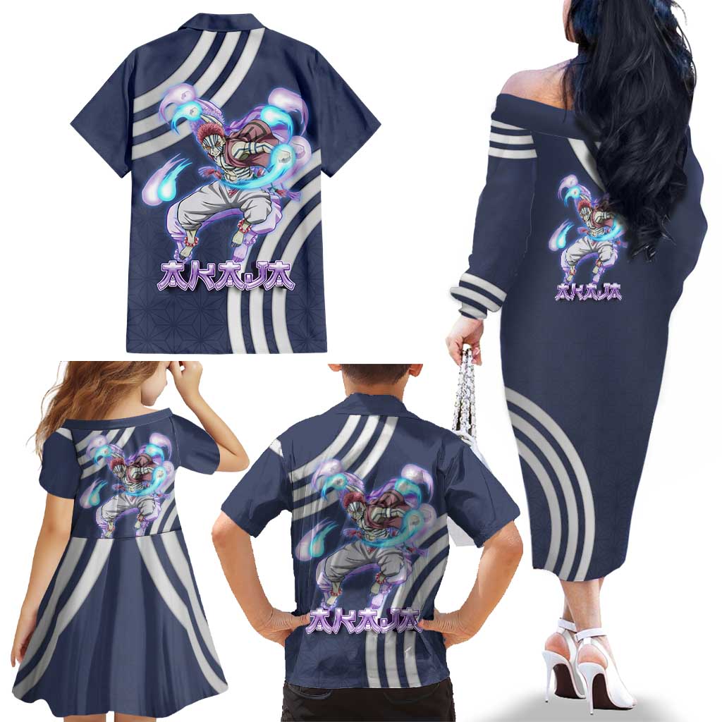 Akaza Demon Slayer Family Matching Off The Shoulder Long Sleeve Dress and Hawaiian Shirt Mystic Aura Anime Ring Style