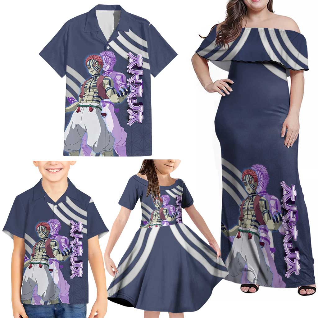 Akaza Demon Slayer Family Matching Off Shoulder Maxi Dress and Hawaiian Shirt Mystic Aura Anime Ring Style
