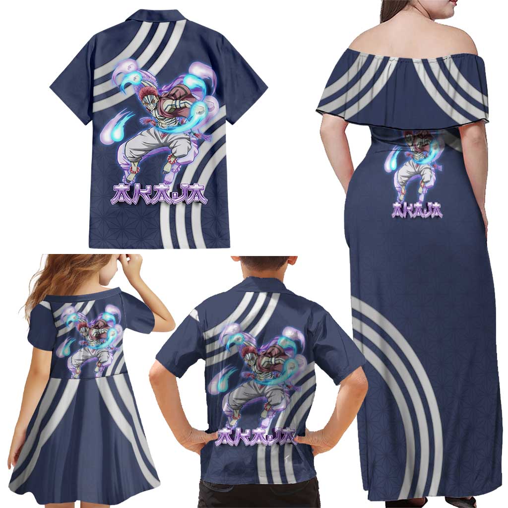 Akaza Demon Slayer Family Matching Off Shoulder Maxi Dress and Hawaiian Shirt Mystic Aura Anime Ring Style