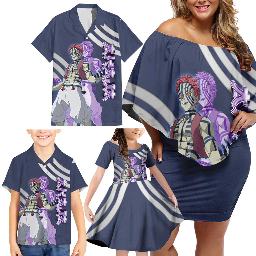 Akaza Demon Slayer Family Matching Off Shoulder Short Dress and Hawaiian Shirt Mystic Aura Anime Ring Style