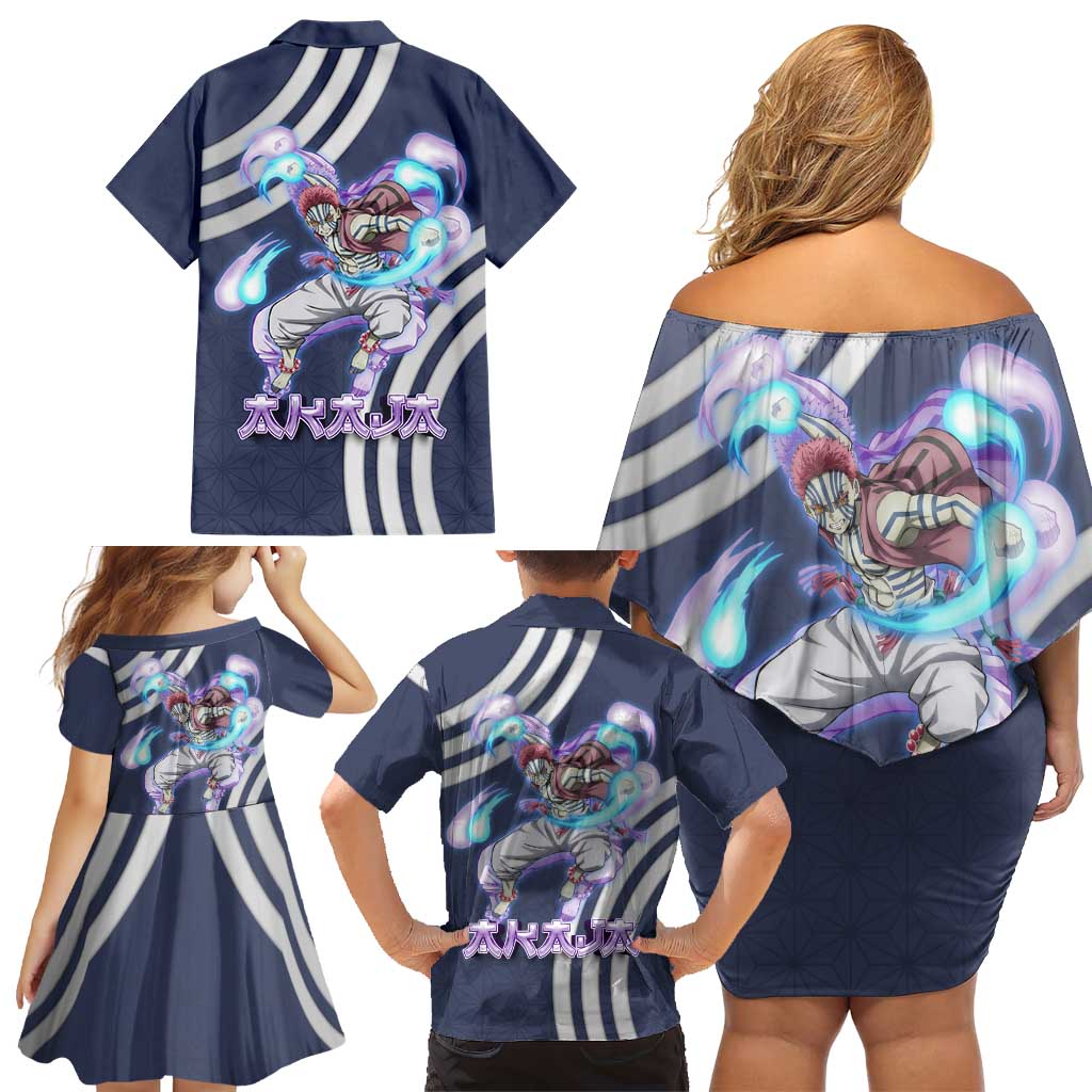 Akaza Demon Slayer Family Matching Off Shoulder Short Dress and Hawaiian Shirt Mystic Aura Anime Ring Style
