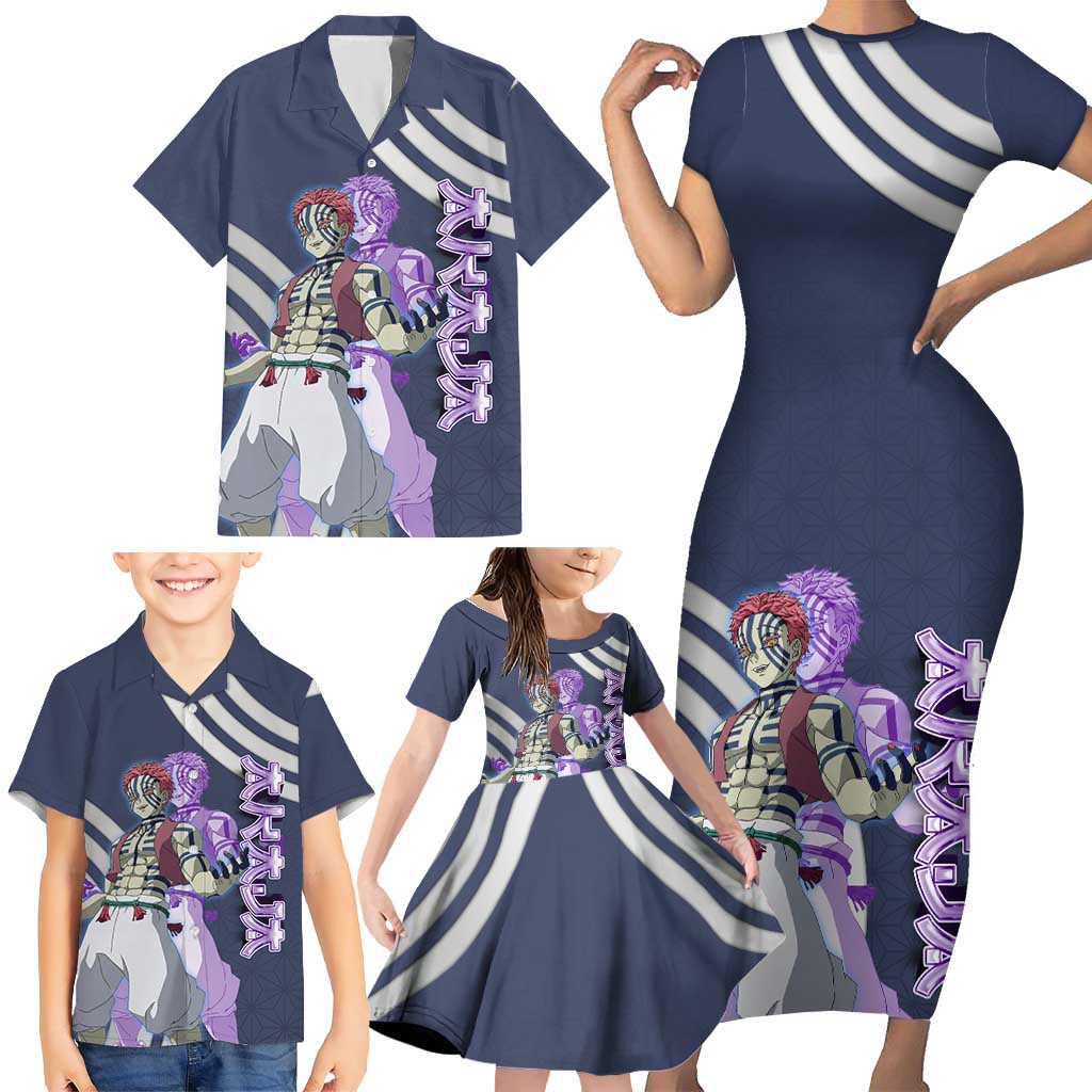 Akaza Demon Slayer Family Matching Short Sleeve Bodycon Dress and Hawaiian Shirt Mystic Aura Anime Ring Style