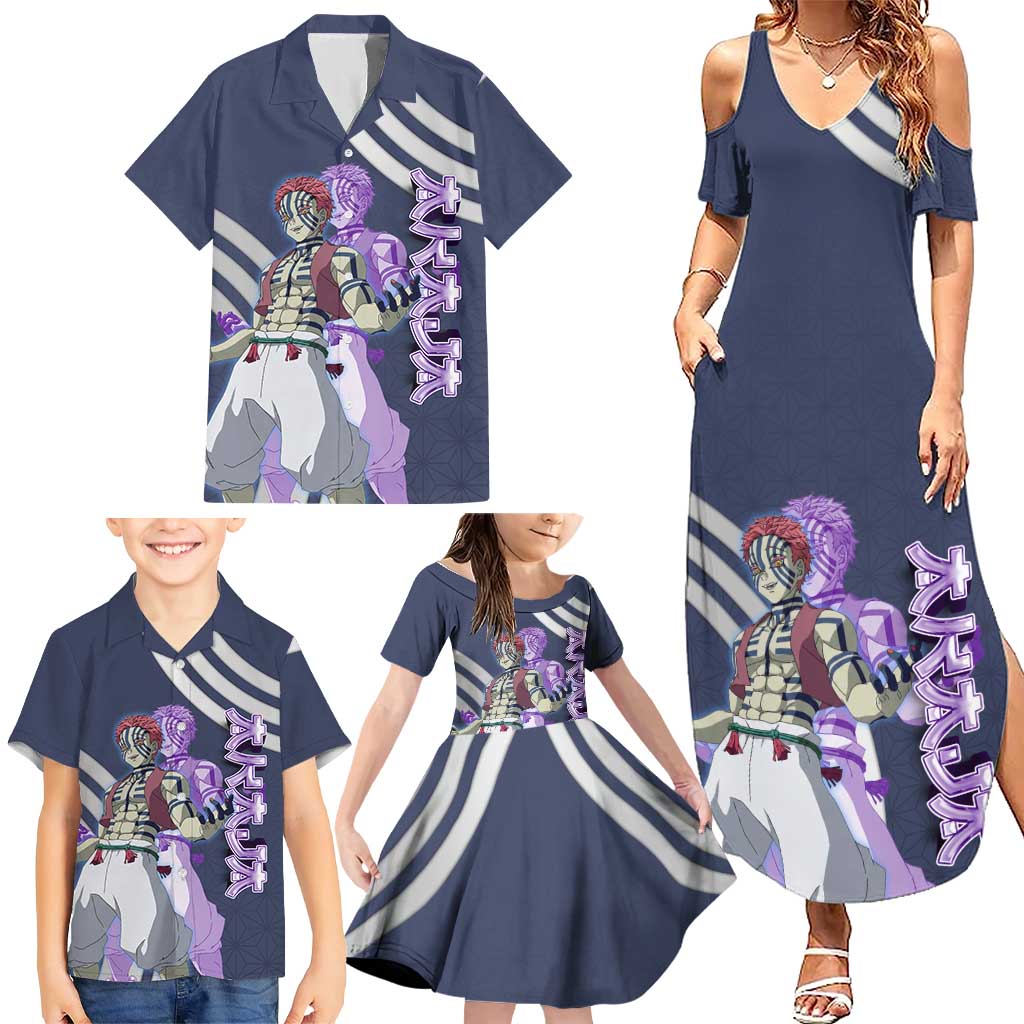Akaza Demon Slayer Family Matching Summer Maxi Dress and Hawaiian Shirt Mystic Aura Anime Ring Style