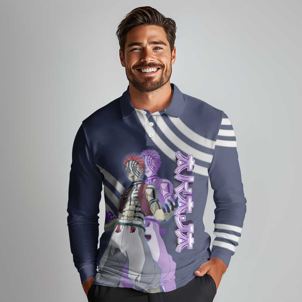 Akaza Demon Slayer Long Sleeve Polo Shirt Mystic Aura Anime Ring Style