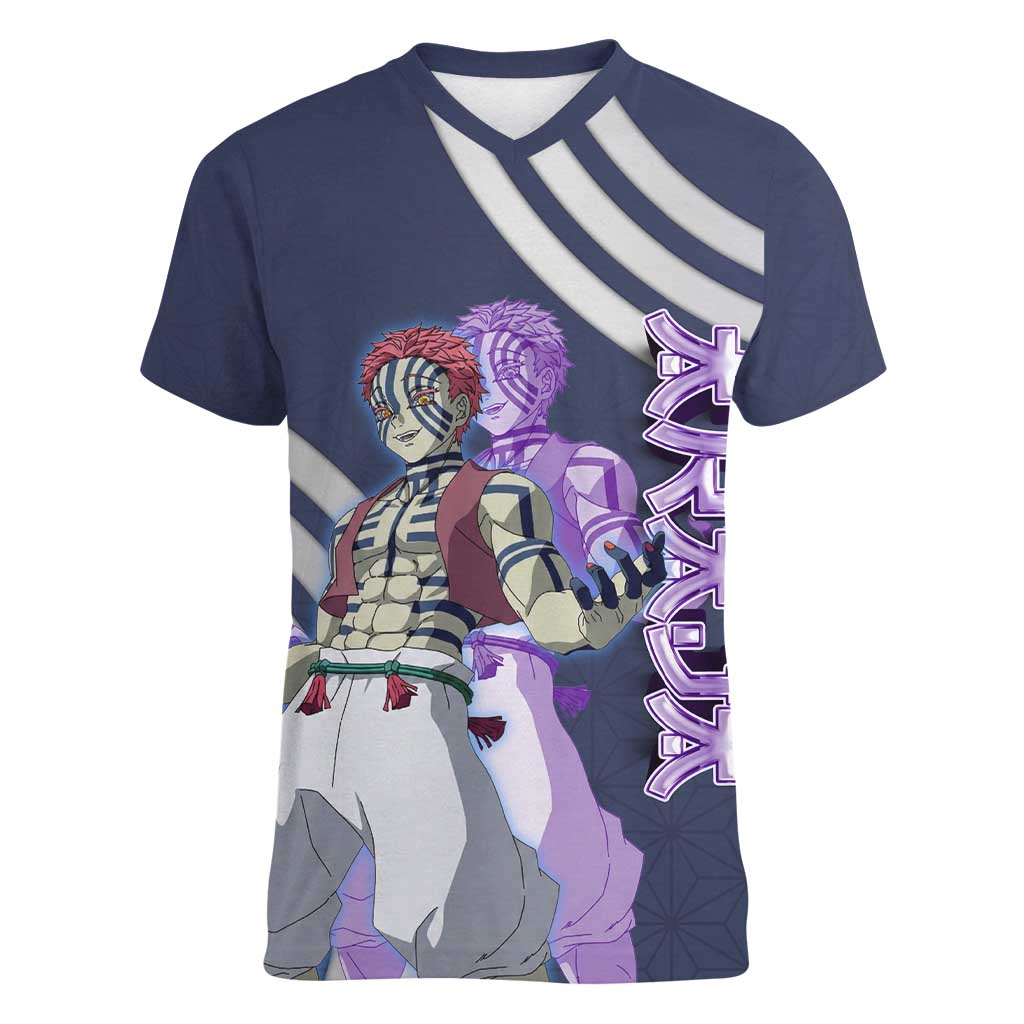 Akaza Demon Slayer Women V-Neck T-Shirt Mystic Aura Anime Ring Style