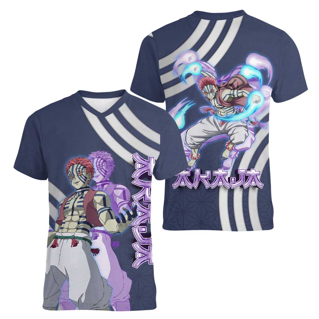 Akaza Demon Slayer Women V-Neck T-Shirt Mystic Aura Anime Ring Style