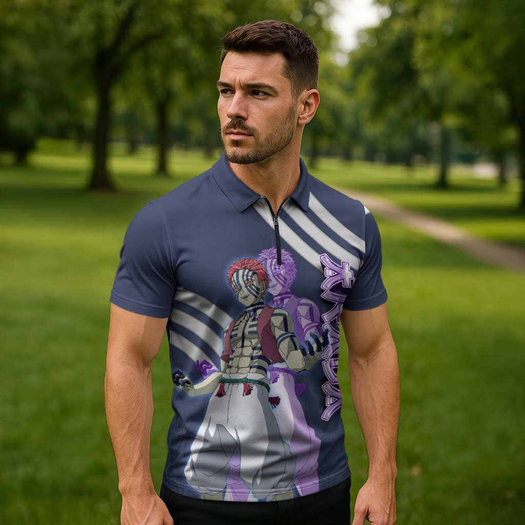 Akaza Demon Slayer Zipper Polo Shirt Mystic Aura Anime Ring Style