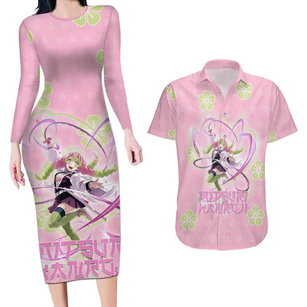 Kanroji Mitsuri Demon Slayer Couples Matching Long Sleeve Bodycon Dress and Hawaiian Shirt Pastel Blossom Anime Lovecore Style
