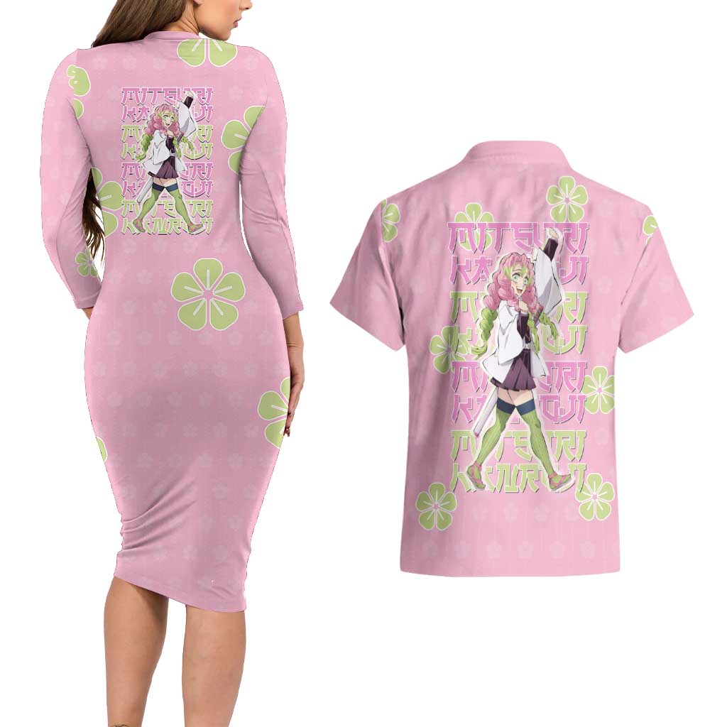 Kanroji Mitsuri Demon Slayer Couples Matching Long Sleeve Bodycon Dress and Hawaiian Shirt Pastel Blossom Anime Lovecore Style