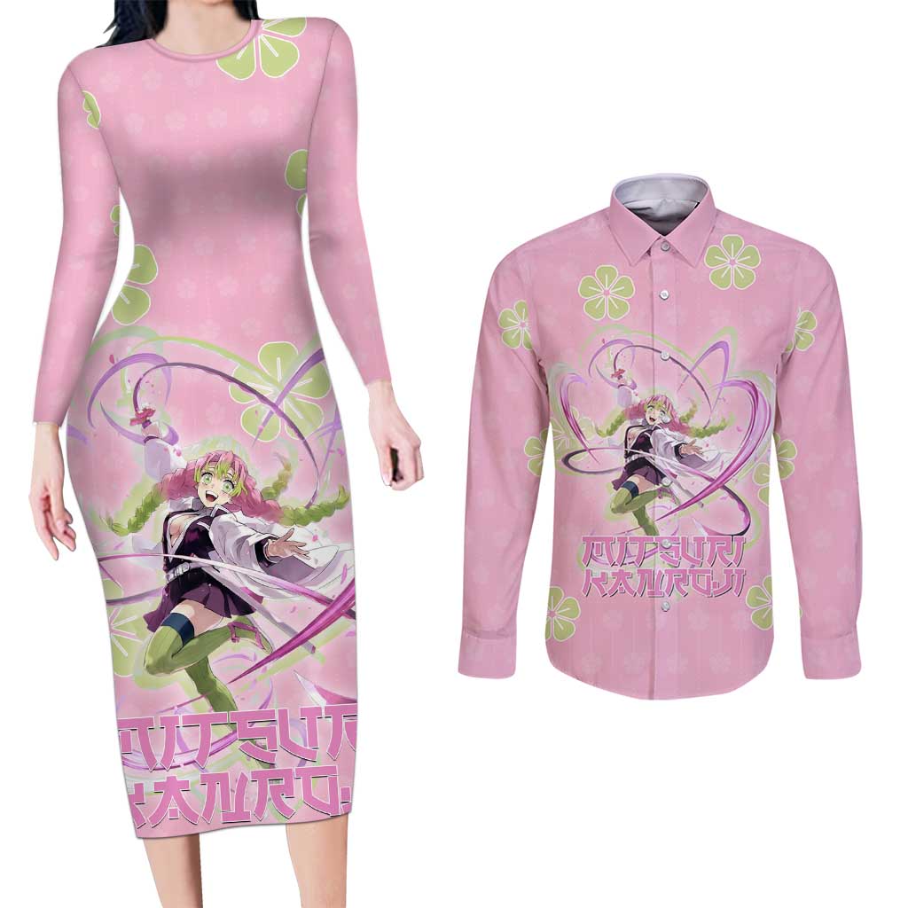 Kanroji Mitsuri Demon Slayer Couples Matching Long Sleeve Bodycon Dress and Long Sleeve Button Shirt Pastel Blossom Anime Lovecore Style