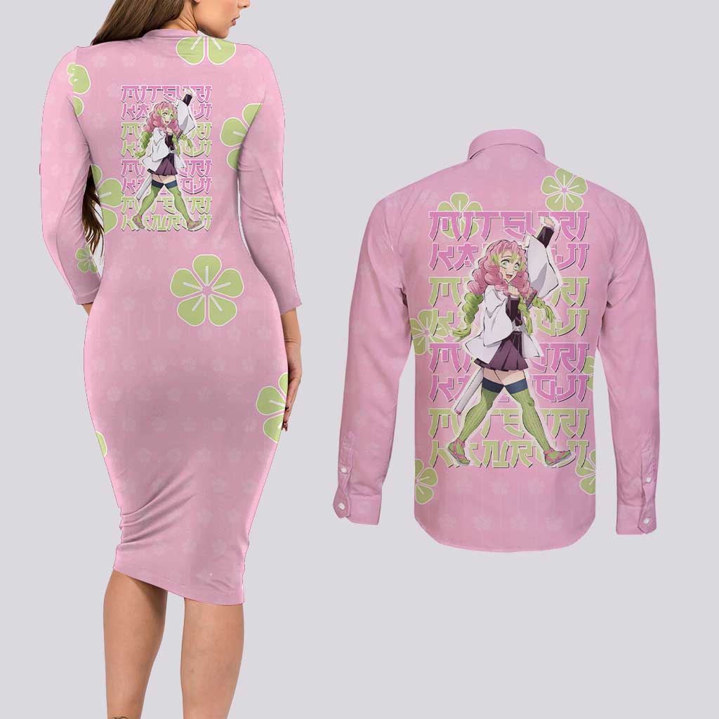 Kanroji Mitsuri Demon Slayer Couples Matching Long Sleeve Bodycon Dress and Long Sleeve Button Shirt Pastel Blossom Anime Lovecore Style
