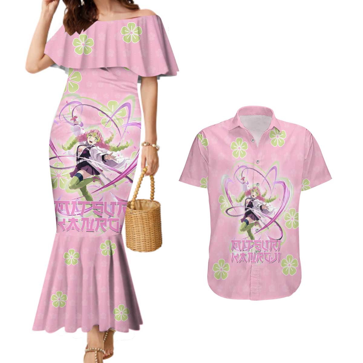 Kanroji Mitsuri Demon Slayer Couples Matching Mermaid Dress and Hawaiian Shirt Pastel Blossom Anime Lovecore Style